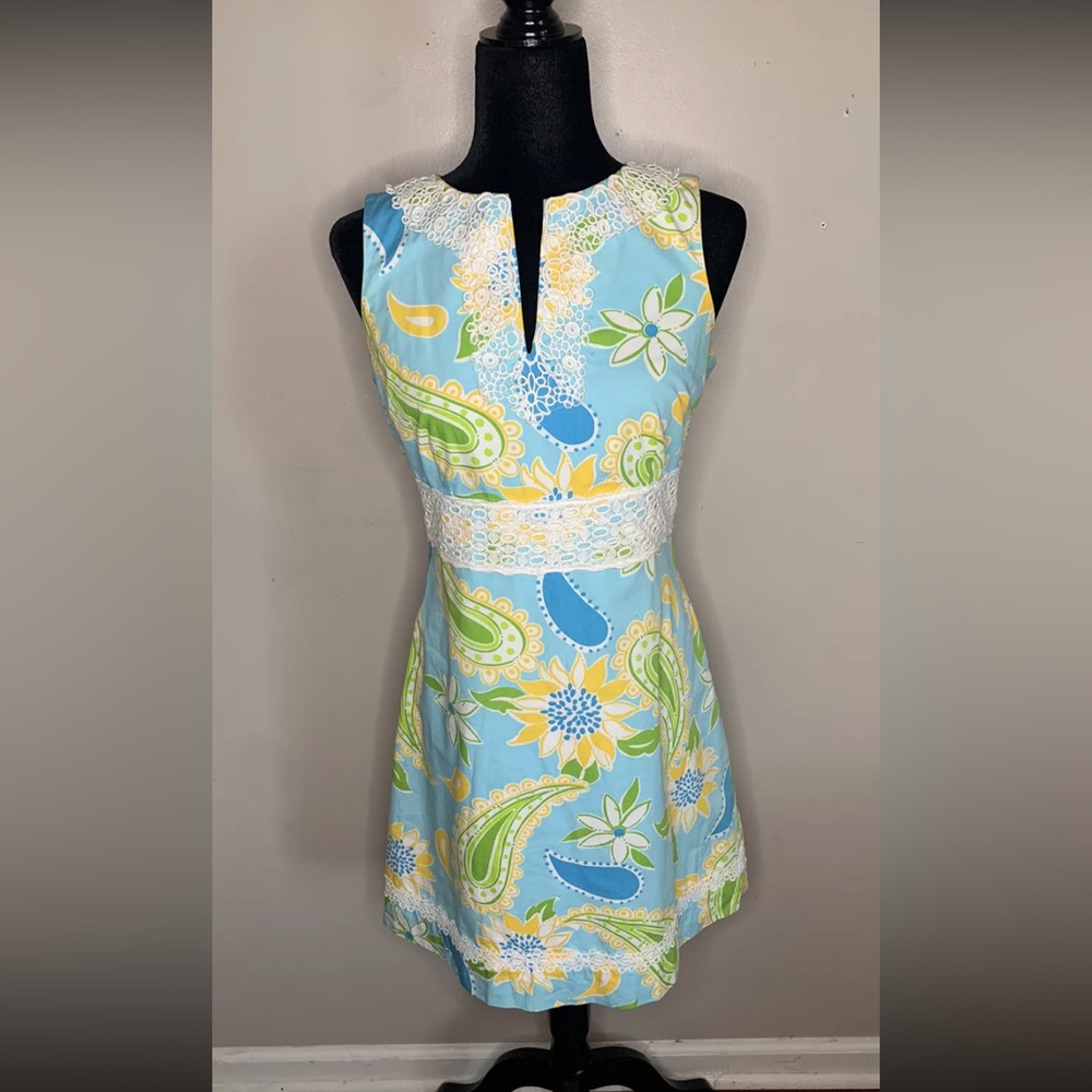 Vintage Lilly Pulitzer Blue Yellow Floral Paisley Eyelet Shift Dress Size 4